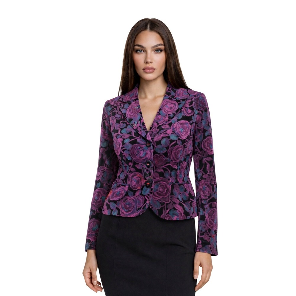 Vintage Nanette Lepore Women's Size 8 Purple Floral Velvet Peplum Blazer Jacket